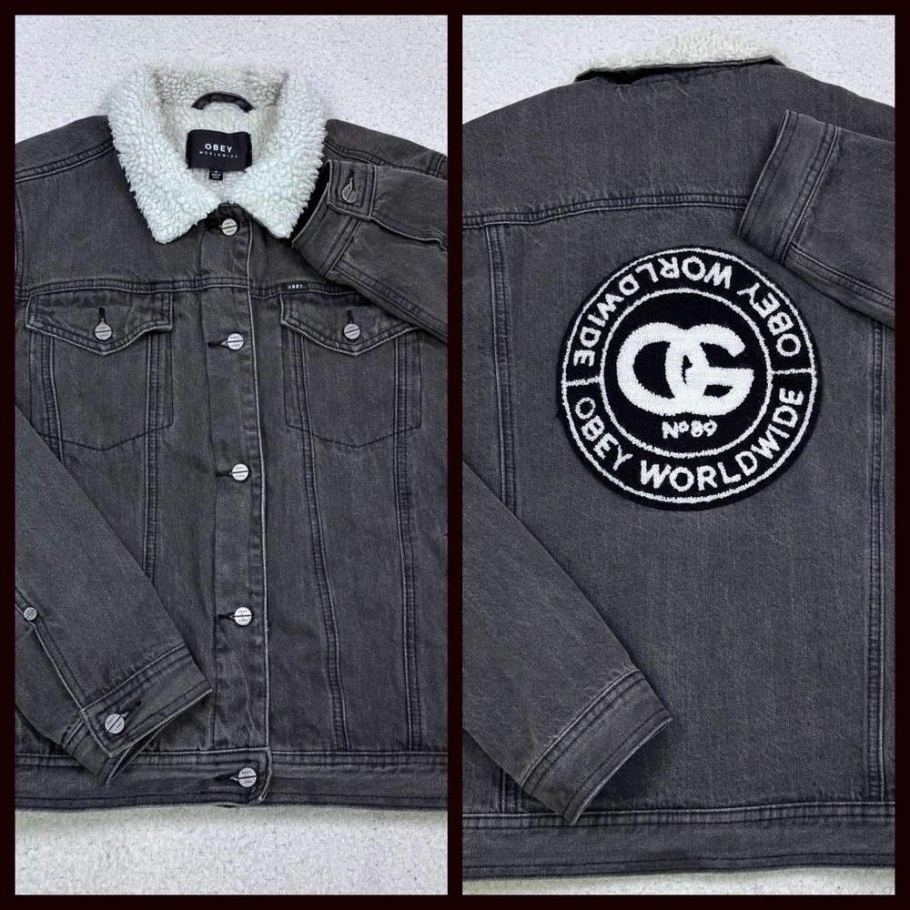 Y2K Obey Sherpa Lined Black Denim Jacket Womens M 3D Logo Spellout Skate Street